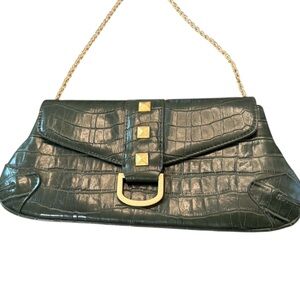 New York & Company Dark Green Croc-Embossed Clutch with Gold Chain